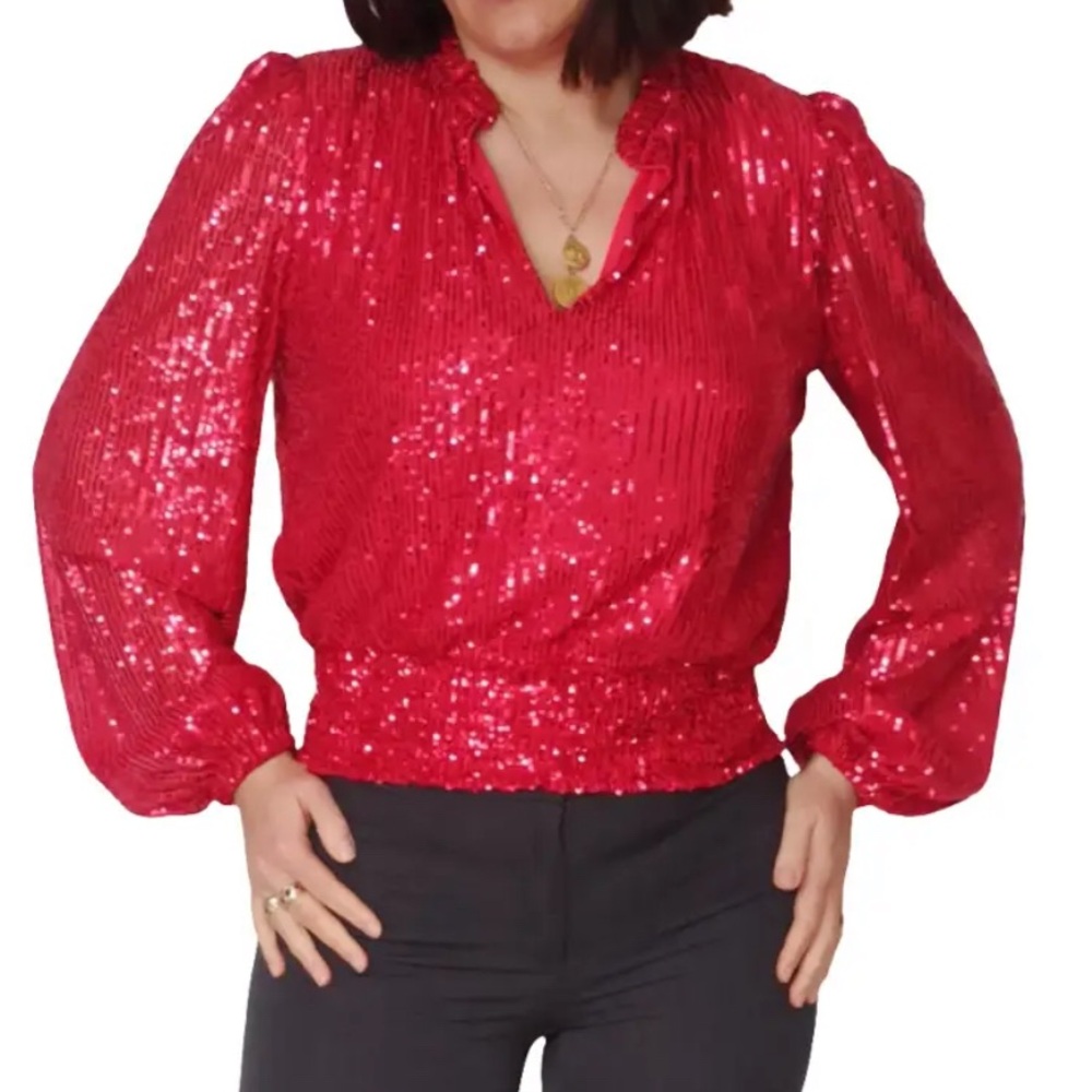 TAMARA H Red Sequin Smocked V-Neck Blouse Balloon Sleeve Top Small